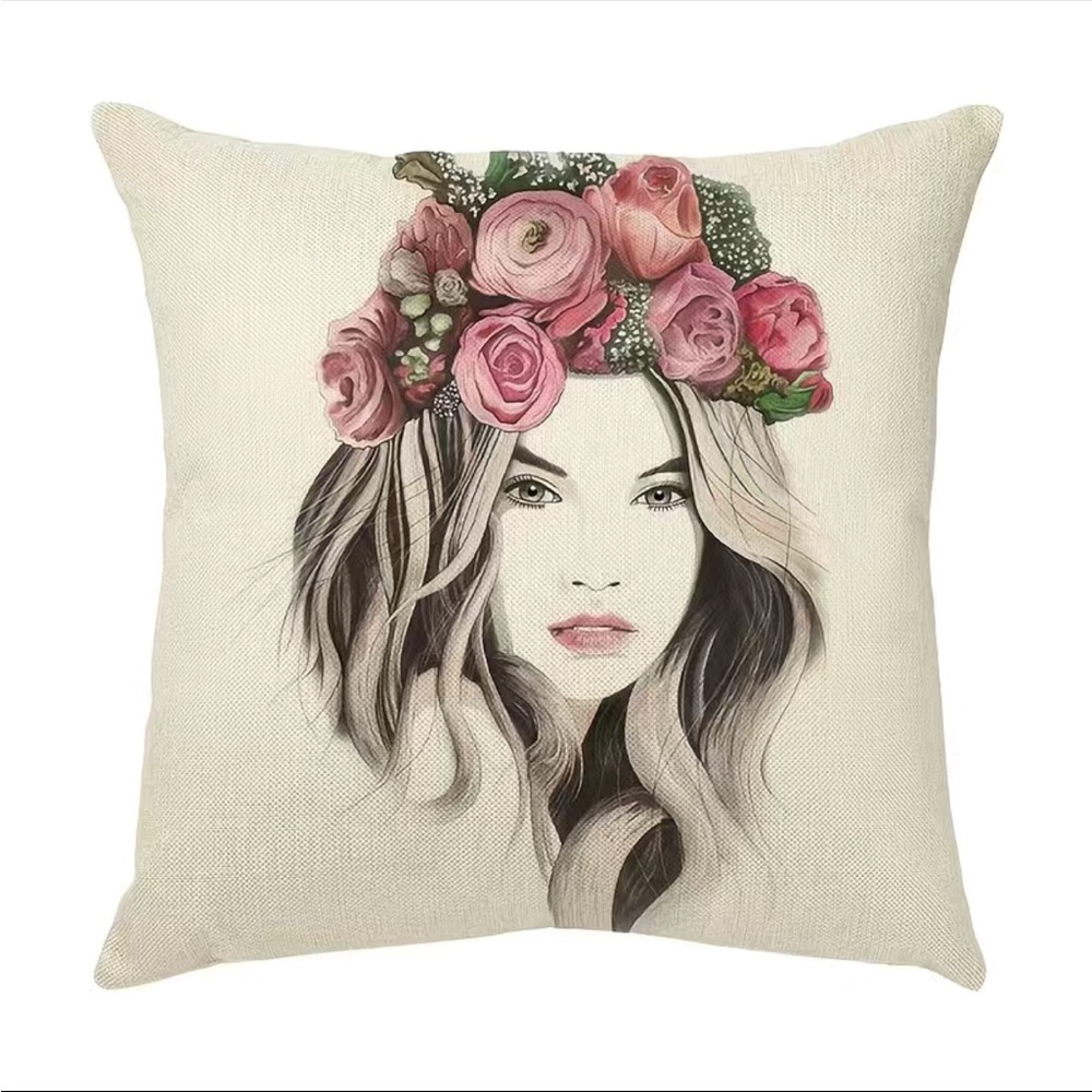 1pc Fashion Girl Pillow Cover, Flower Accessories Linen Blend Cushion Cover Sing